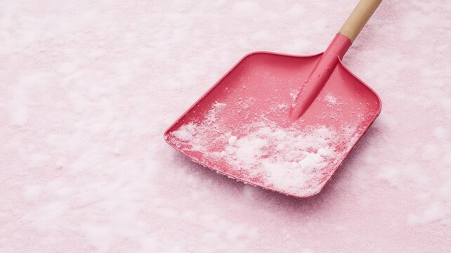 A close-up 3D Pixar-style shot of a bright pink snow shovel resting on a sparkling layer of white snow, representing winter maintenance, outdoor chores, and seasonal changes.