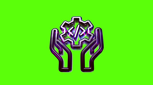 Shiny 3d icon of hands holding a gear with code symbol for programming development and software support