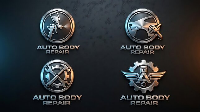 Four metallic 3D auto body repair service logo emblems.
