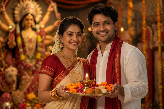 Indian couple holding a diya plate before Goddess Durga idol during a traditional Puja celebration