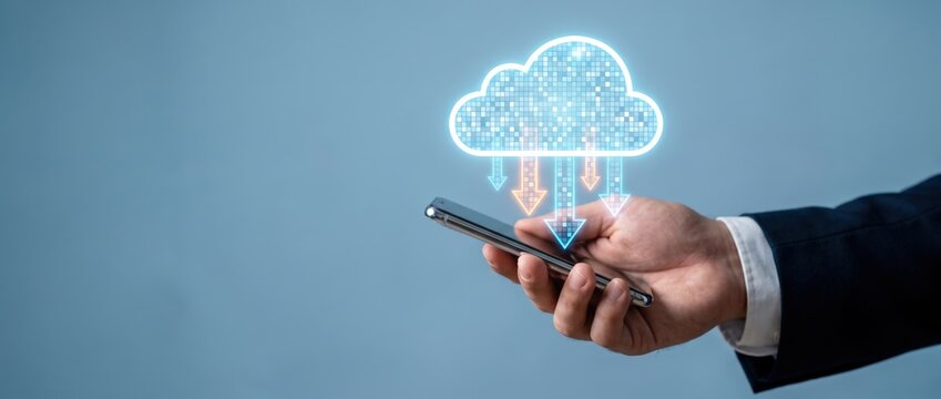 A person holding a smartphone displaying cloud computing icons symbolizing data transfer and technological advancements in today's business landscape