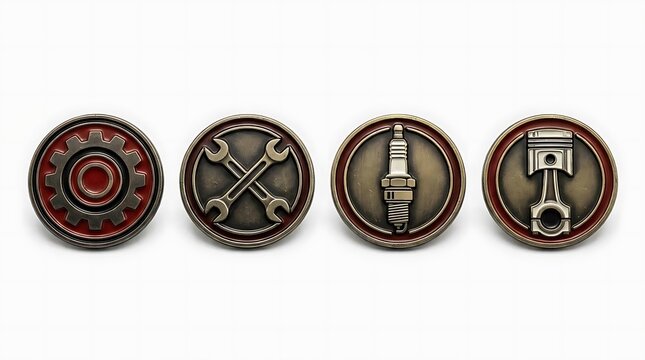Four realistic 3D metallic automotive and engine icons.