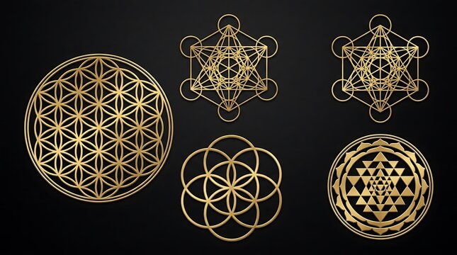 Golden sacred geometry symbols on dark background set.