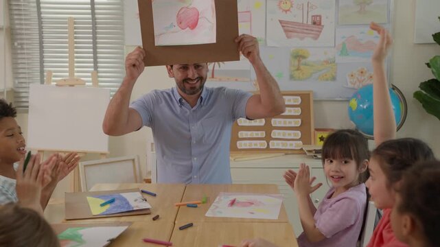 Children classroom teacher painting art activity education student school creativity with colorful artwork, joyful lesson, raising hands, sharing ideas, smiling students and creative learning together