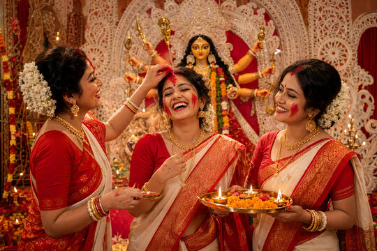 Women celebrating Sindoor Khela during Durga Puja with diyas and offerings, festive religious scene
