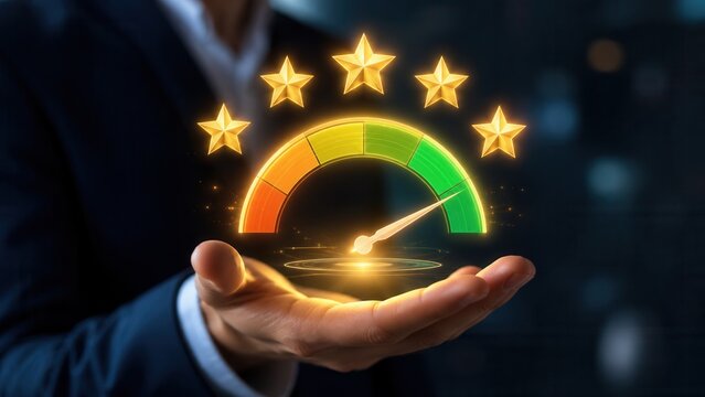 Customer satisfaction rating concept with five stars and performance meter showing excellent service quality