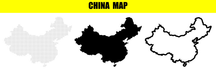 China Map Vector Set with Dotted Silhouette and Outline Designs © Shahana