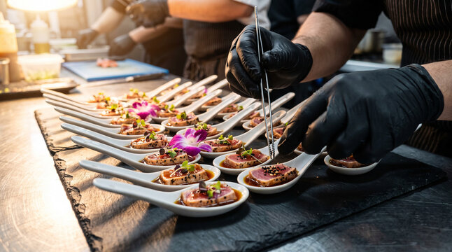 Chef plating seared tuna tataki Asian appetizers with sesame on spoons