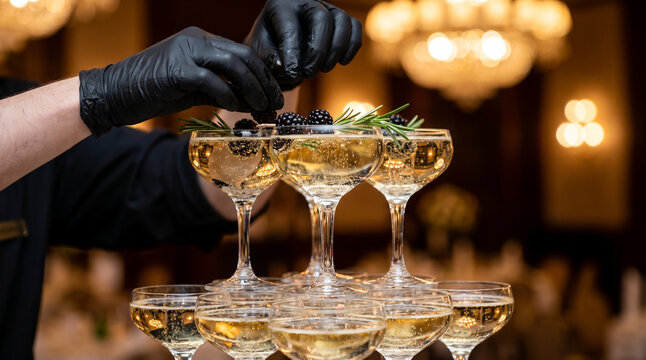 Bartender hands placing fresh blackberries in champagne glass tower for party