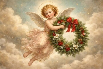 Naklejka premium Cherubic angel with festive wreath.