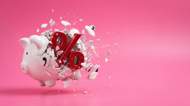 shattering white piggy bank revealing red percentage symbol on pink background, concept of interest rates and savings