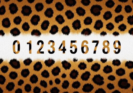 Digital numbers zero to nine on leopard print background