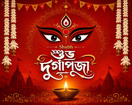 Shubh Durga Puja festive greeting with goddess eyes, diya, garlands and Bengali calligraphy design