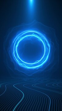 Electric cyan waves surround a luminous round gateway above patterned grid floor. Useful for virtual stages, cyber themes, logo reveals, innovation promos, gaming screens, and futuristic motion loops.