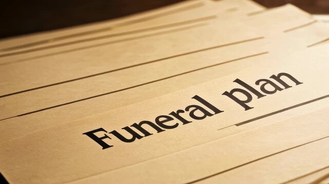 Close up view of printed Funeral plan document. Paperwork for end of life insurance and burial planning. Financial and legal preparation