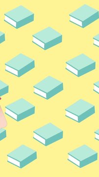 Animation of woman talking over book icons
