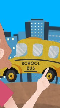 Animation of woman talking over school bus icon