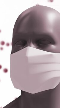 Animation of a digital human head wearing a face mask with giant virus models floating