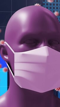 Animation of a digital human head wearing a face mask with giant virus models floating