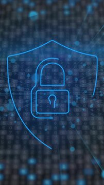 Animation of network of connections and security padlock icon with icons over dark background
