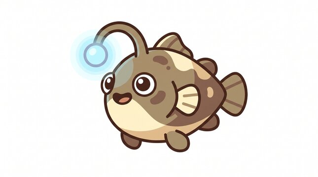 Cute cartoon anglerfish character with a glowing lure isolated on a white background