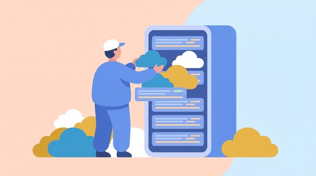 Technician organizing data clouds on a server rack representing cloud computing and digital infrastructure management