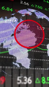 Animation of data processing and globe over cityscape