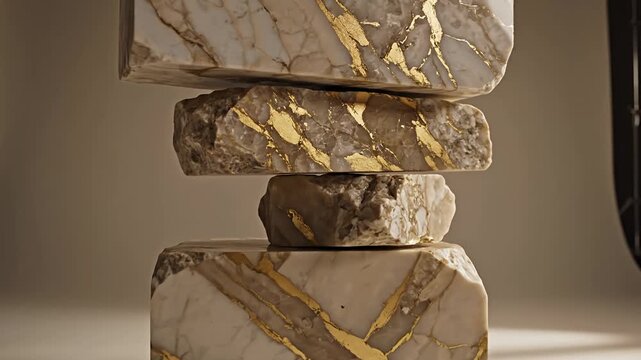 Minimalist Luxury Marble Stone Stack with Gold Veining; Website Banner for Wellness, Balance, and High-End Interior Design
