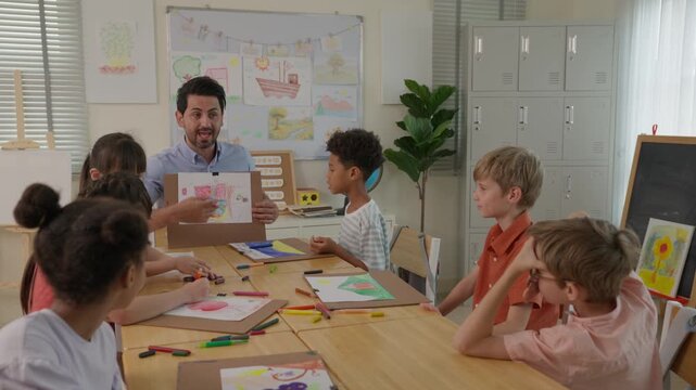 Teacher guiding diverse children through classroom art activity, drawing with colored pencils, sharing colorful artwork, building creativity, learning, collaboration, and creative skills cheerful