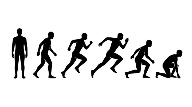 Running sequence silhouette figures set with dynamic motion lines featuring athletes in profile with black and white contrast and athletic poses