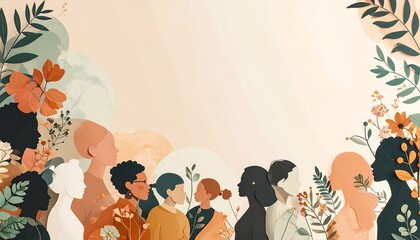 Fototapeta premium Diverse women profiles vector illustration with floral elements and copy space for international womens day banner