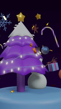 Animation of confetti over christmas tree and decorations on black background