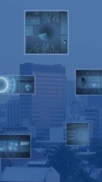 Animation of scopes scanning and data processing over cityscape