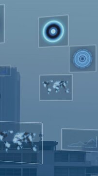 Animation of scopes scanning and data processing over cityscape