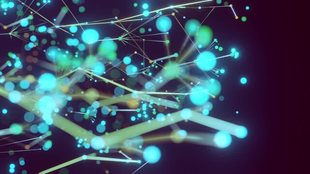 Seamless loop of growing neural plexus network with glowing molecular particles. Digital magic artificial intelligence model made of branching data streams and light particle background