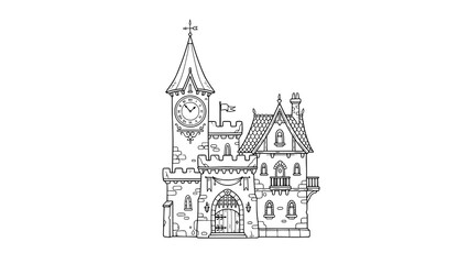 Fototapeta premium Hand drawn black and white illustration of a whimsical fairytale castle tower