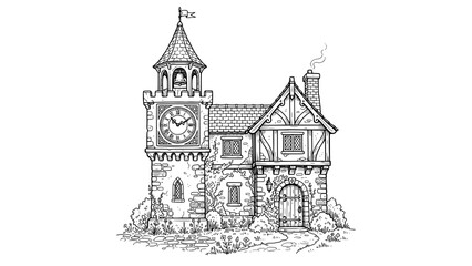 Obraz premium Hand drawn illustration of a medieval clock tower and rustic cottage building
