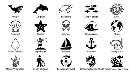 Obraz premium Set of black and white ocean and marine life themed vector icons