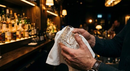 Obraz premium Bartender Polishing Empty Crystal Whiskey Glass with White Cloth at Bar