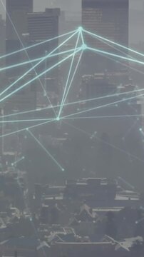 Animation of network of connections data processing over cityscape