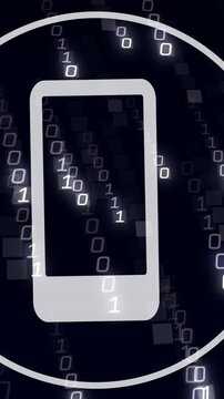 Animation of digital smartphone icon, binary coding and data processing