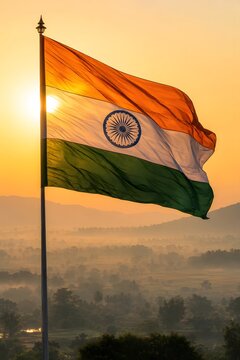 India National Flag Flying Against Golden Sunset Landscape
