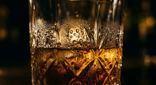 Extreme Macro of Condensation Water Droplets on Faceted Crystal Whiskey Glass