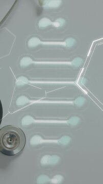 Animation of chemical structures and dna strand over stethoscope with heart