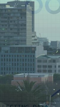 Animation of statistics and data processing over cityscape during day