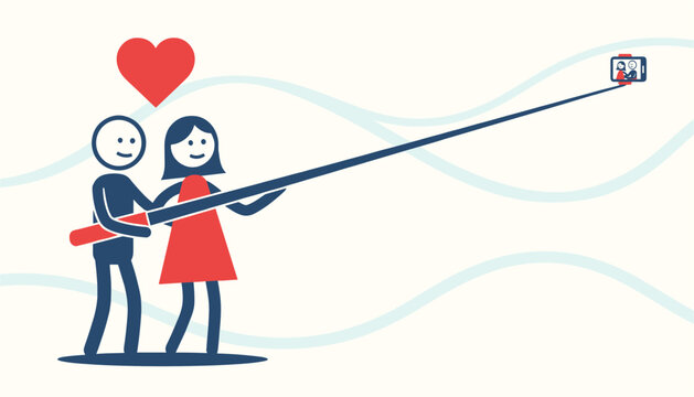 Simple stick figure illustration of a romantic couple taking a selfie together using a long selfie stick with a red heart above.