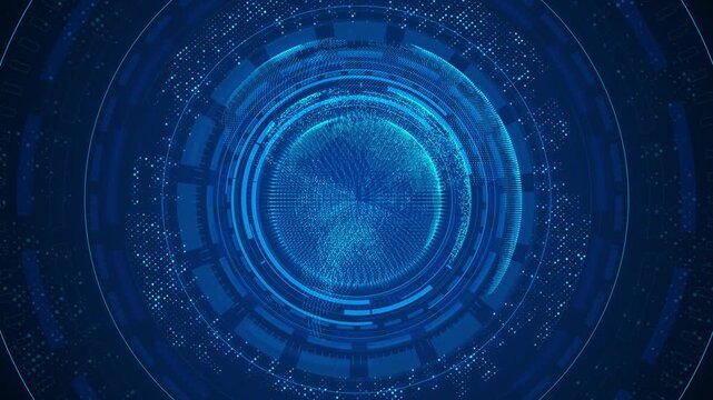 Futuristic blue globe built from dots and circular HUD elements creates a powerful 19 scene. Great for AI, data, cybersecurity, fintech, global network, and innovation themed video projects.