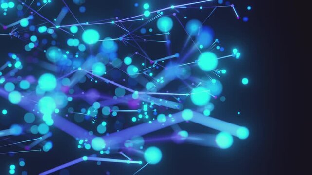 Seamless loop of growing neural plexus network with glowing molecular particles. Digital magic artificial intelligence model made of branching data streams and light particle background