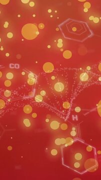 Chemical structures and molecular bonds over red background with glowing particles