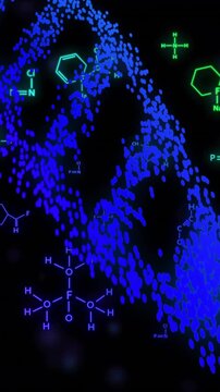 Chemical structures and molecular formulas over DNA strand animation